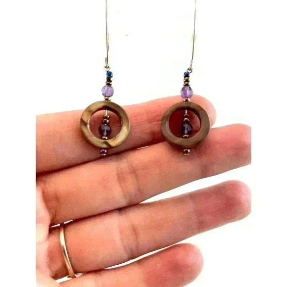 Brown Seashells Purple Faceted Bead Fish Hook Earrings - Picture 8 of 9